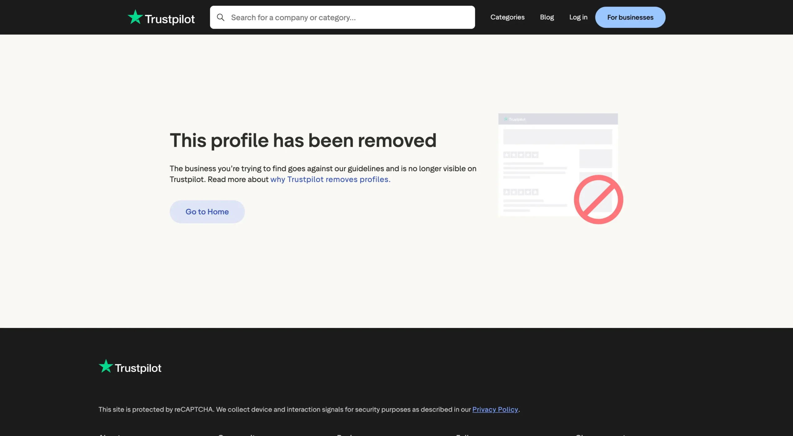 How we closed and de-indexed a Trustpilot profile that was undermining a rebrand 2 Trustpilot page showing This profile has been removed for the old brand
