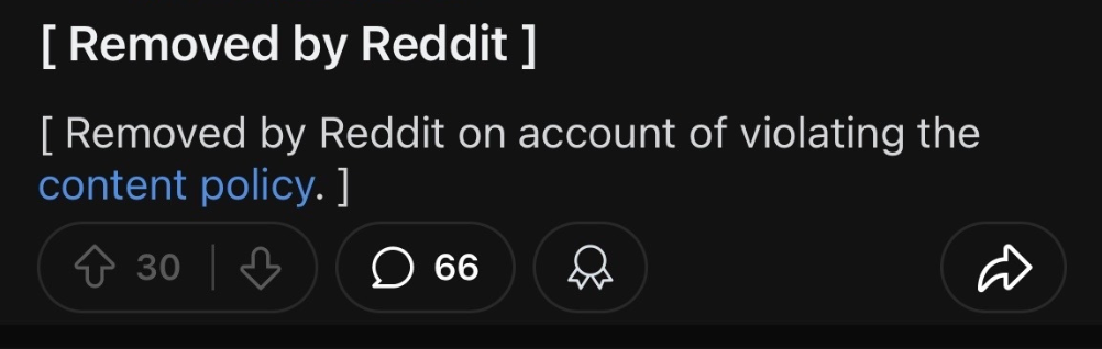 Reddit Post Removal Service 5 Reddit notice: removed by Reddit on a content policy violation
