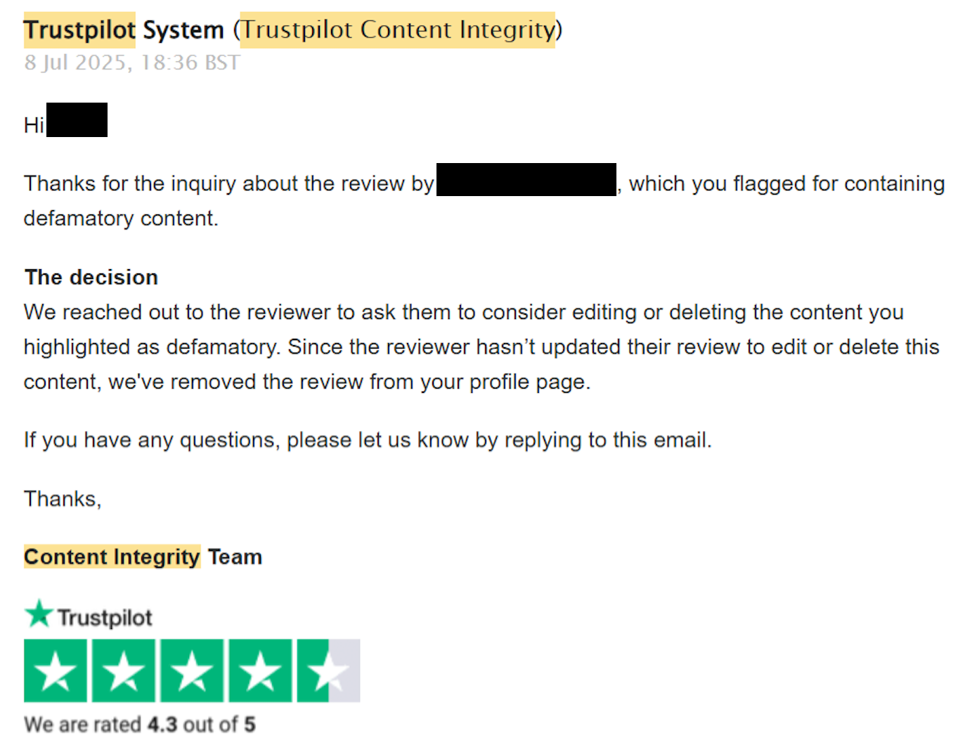 Trustpilot Review Removal Service 2 Email from Trustpilot's Content Integrity Team confirming a defamatory review was removed from the profile page
