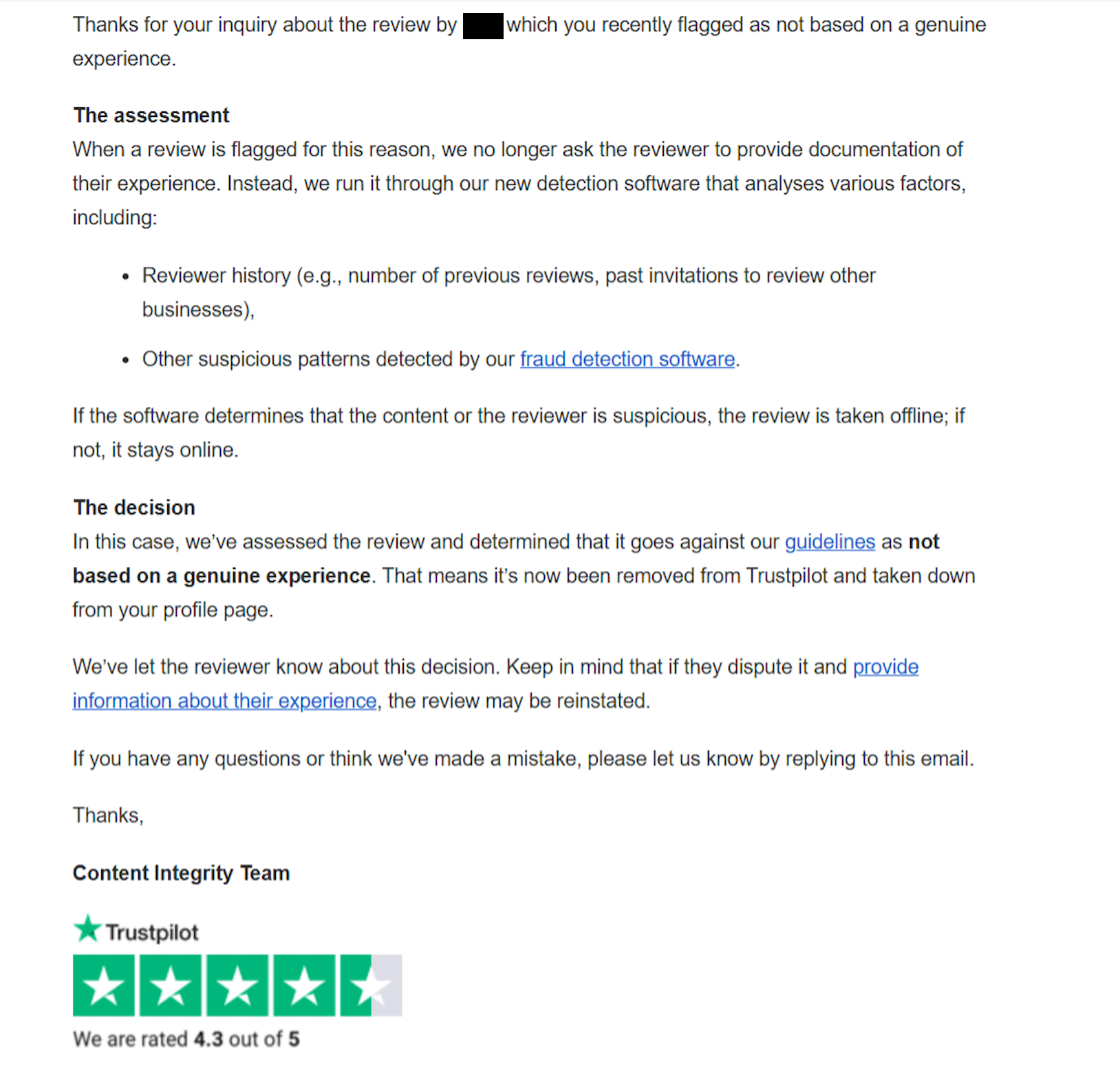 Trustpilot Review Removal Service 3 Email from Trustpilot confirming a review flagged as not based on a genuine experience was taken down after fraud detection analysis