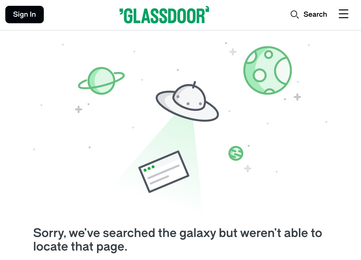 Glassdoor Review Removal Service 2 Glassdoor page-not-found screen confirming a removed review