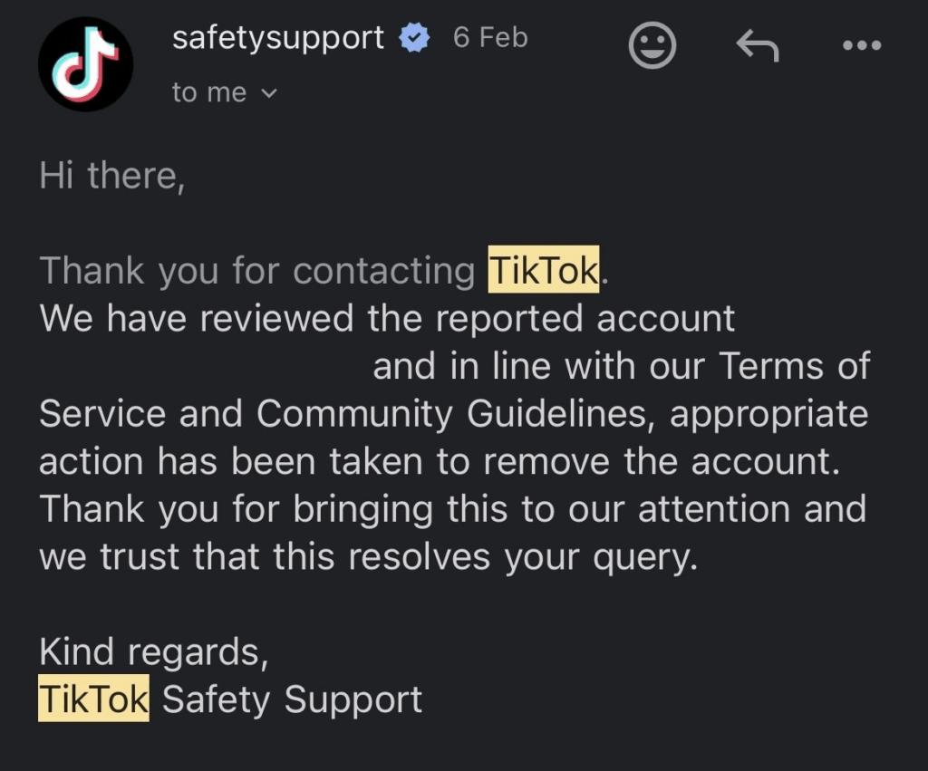 TikTok Account Takedown Service 2 A TikTok takedown confirmation notice