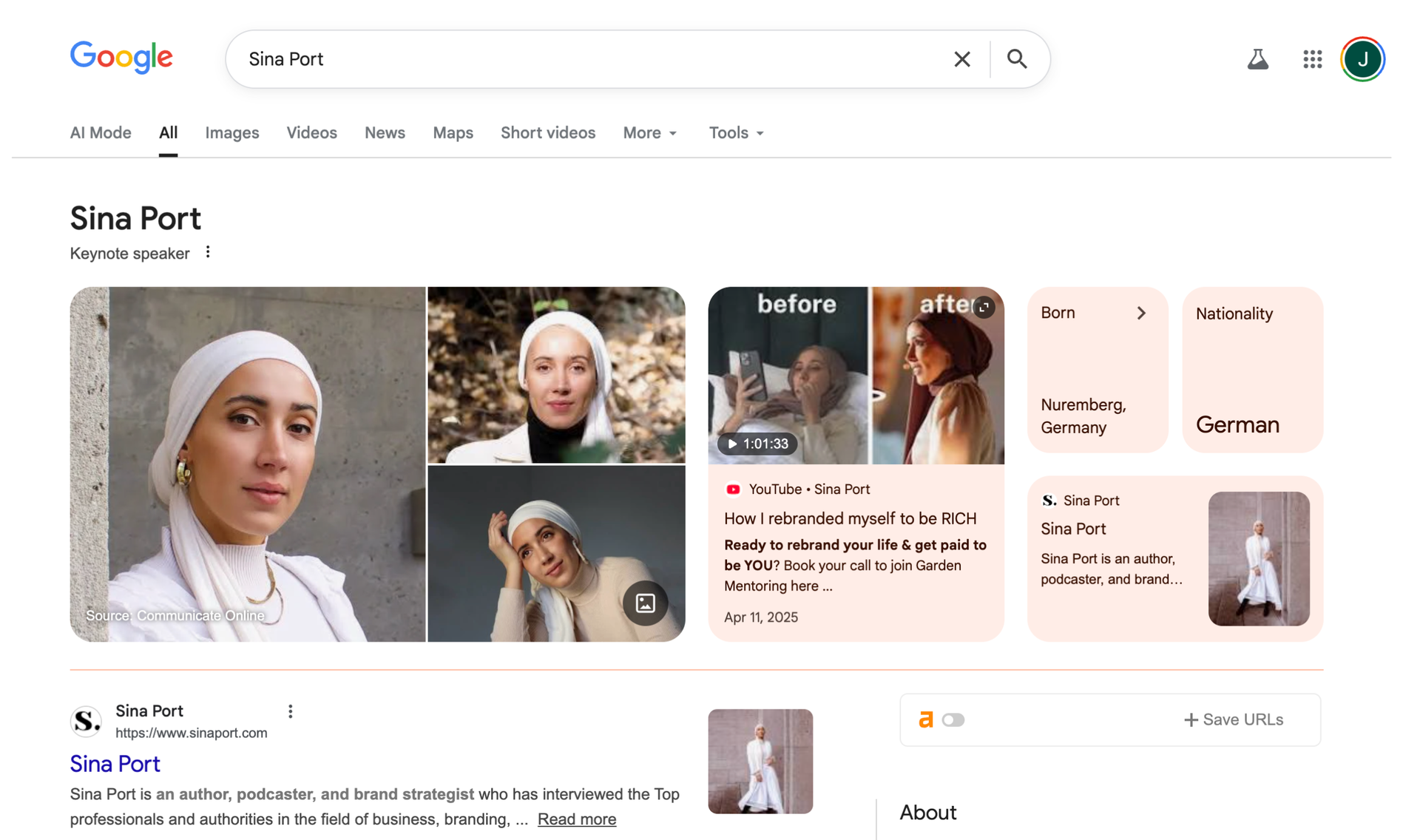 Sina Port: How we built a Google Knowledge Panel and strengthened search authority 3 After: a verified Google Knowledge Panel for her name