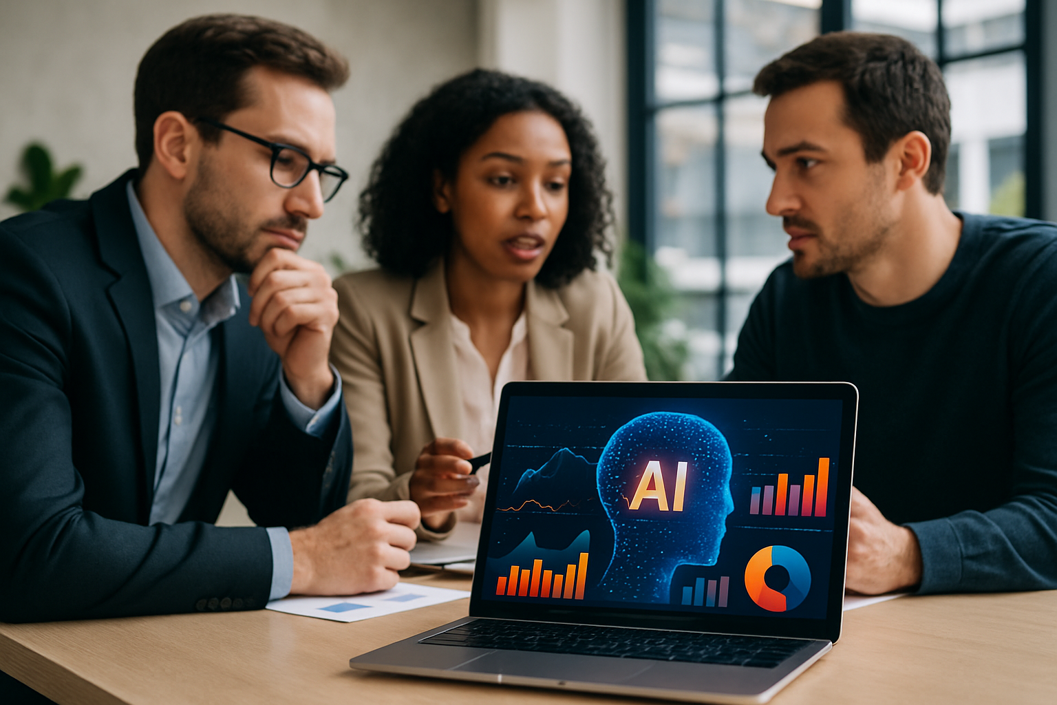AI's Role in Reputation Management: Lessons from Evan Nierman's Success 1 A modern office setting with professionals discussing AI-driven reputation management strategies illustrating AI's role in ORM for business leaders.