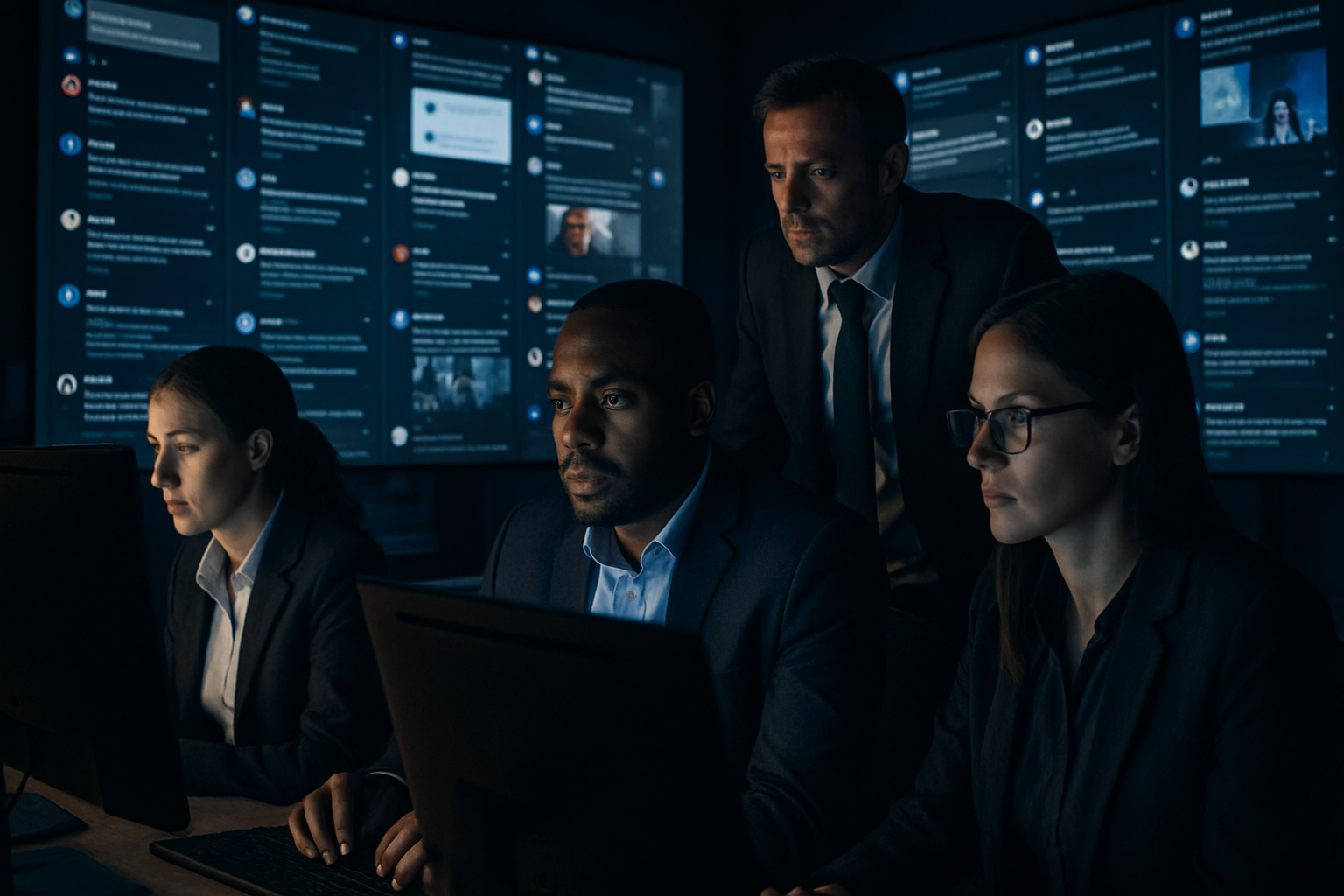 Take It Down Act: A Game Changer for Online Reputation Management? 1 A team of analysts monitoring social media for harmful content illustrating the Take It Down Act for online reputation management.
