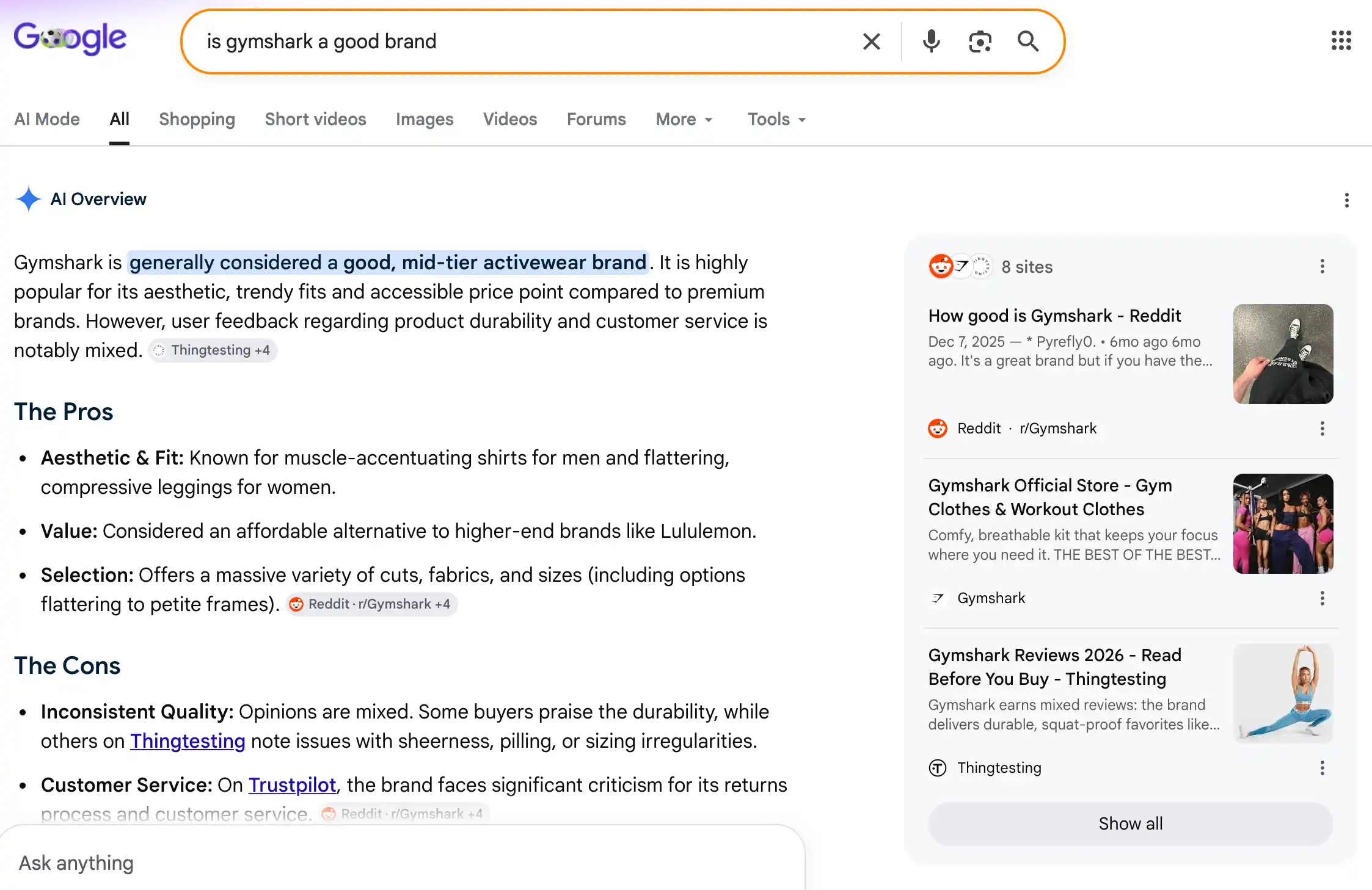 AI Overview Optimization 1 Google AI Overview summarizing a brand from multiple sources