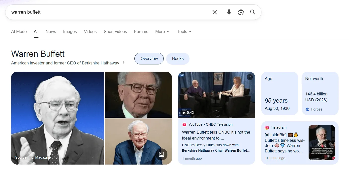 Google Knowledge Panel Service 2 Google search results page for Warren Buffett showing the Knowledge Panel