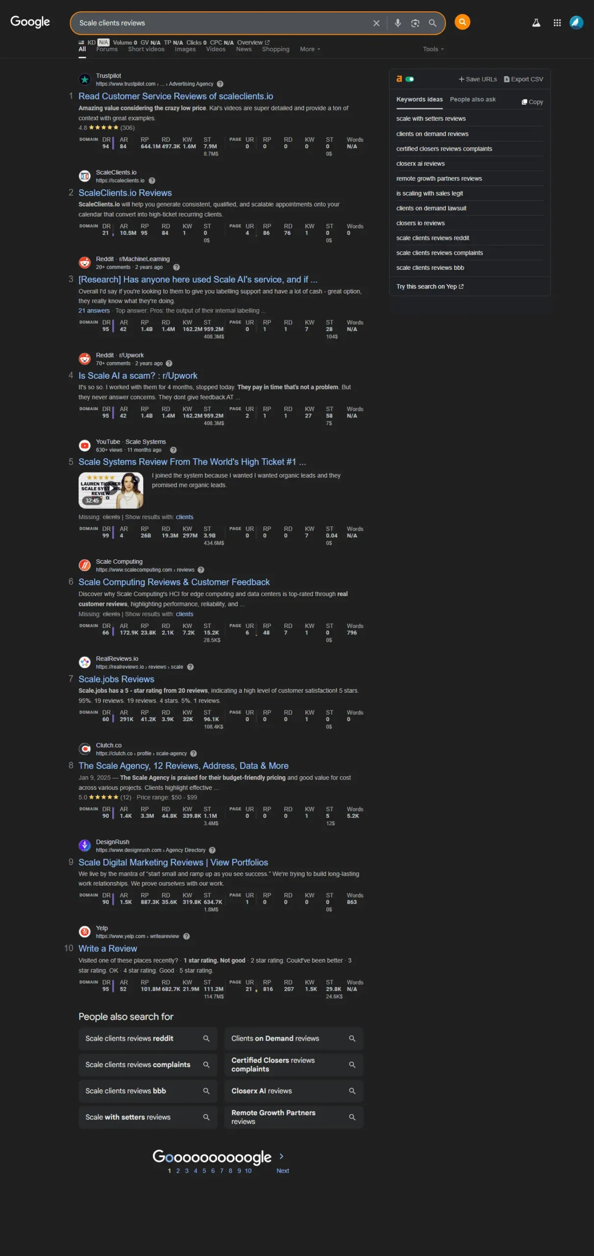 Google search for ScaleClients.io before suppression