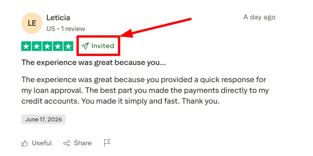 What do the Trustpilot labels "Merged", "Redirected", and "Invited" mean? 7 Invited label highlighted on a Trustpilot review