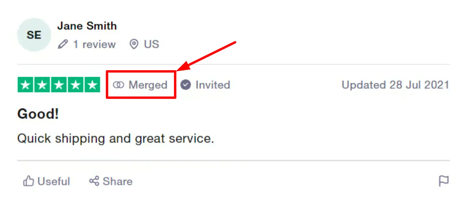 What do the Trustpilot labels "Merged", "Redirected", and "Invited" mean? 5 Merged label highlighted on a Trustpilot review