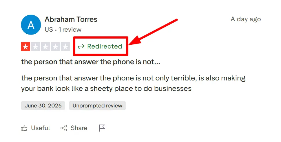 What do the Trustpilot labels "Merged", "Redirected", and "Invited" mean? 6 Redirected label highlighted on a Trustpilot review