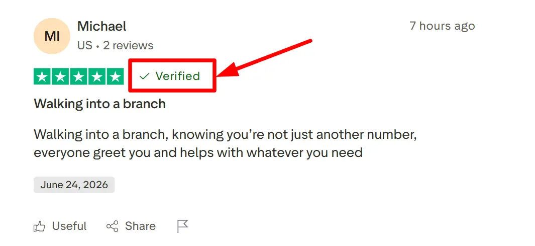 What do the Trustpilot labels "Merged", "Redirected", and "Invited" mean? 8 Verified label highlighted on a Trustpilot review